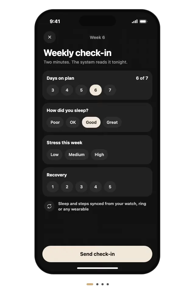The weekly check-in: days on plan, how you slept, stress and recovery, with sleep and steps synced from your watch.