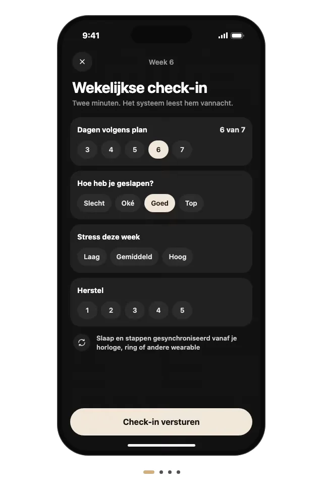 De wekelijkse check-in: dagen volgens plan, hoe je sliep, stress en herstel, met slaap en stappen gesynchroniseerd vanaf je horloge.