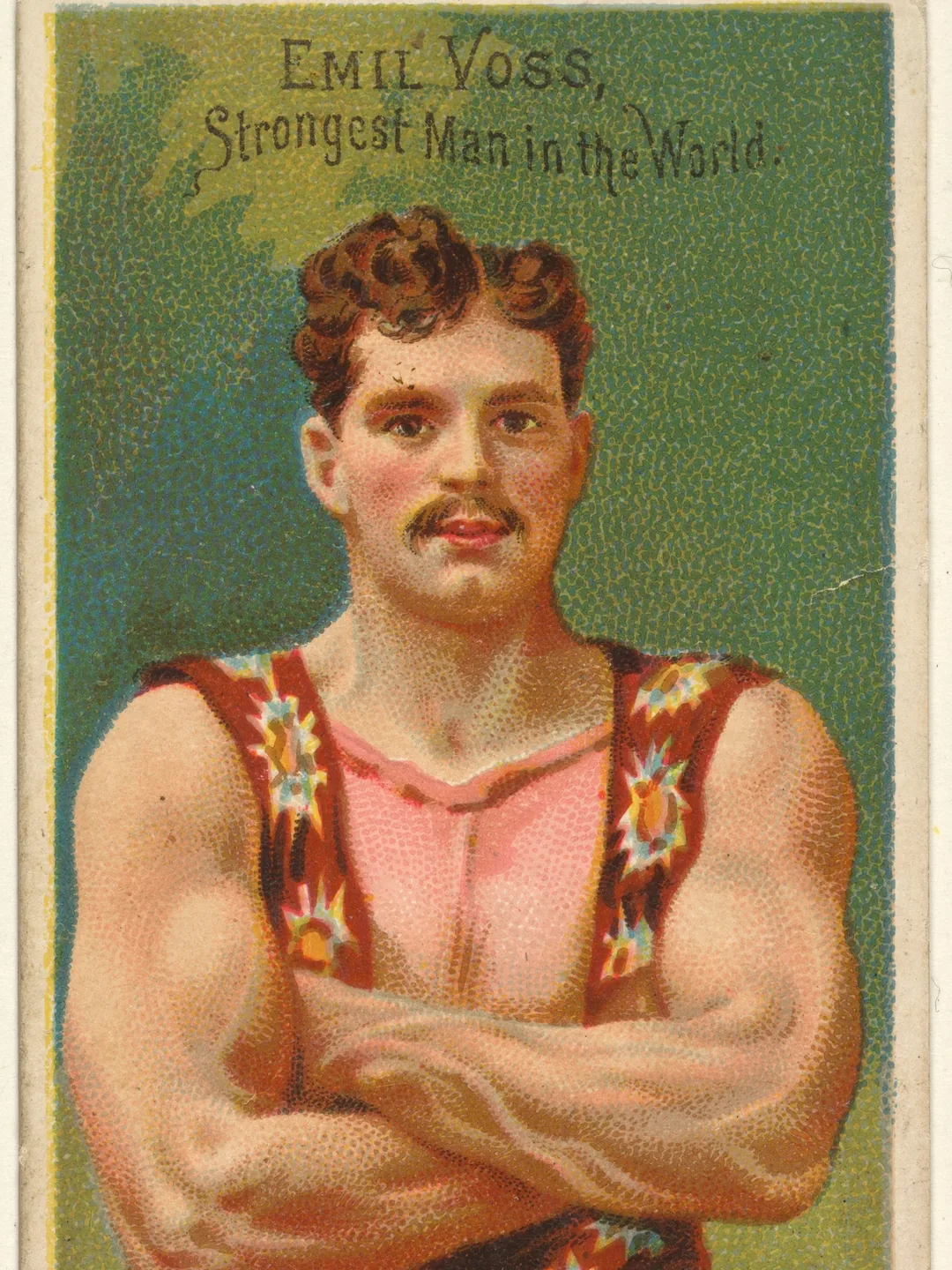 Sigarettenkaartje uit 1888 van krachtpatser Emil Voss met gekruiste armen