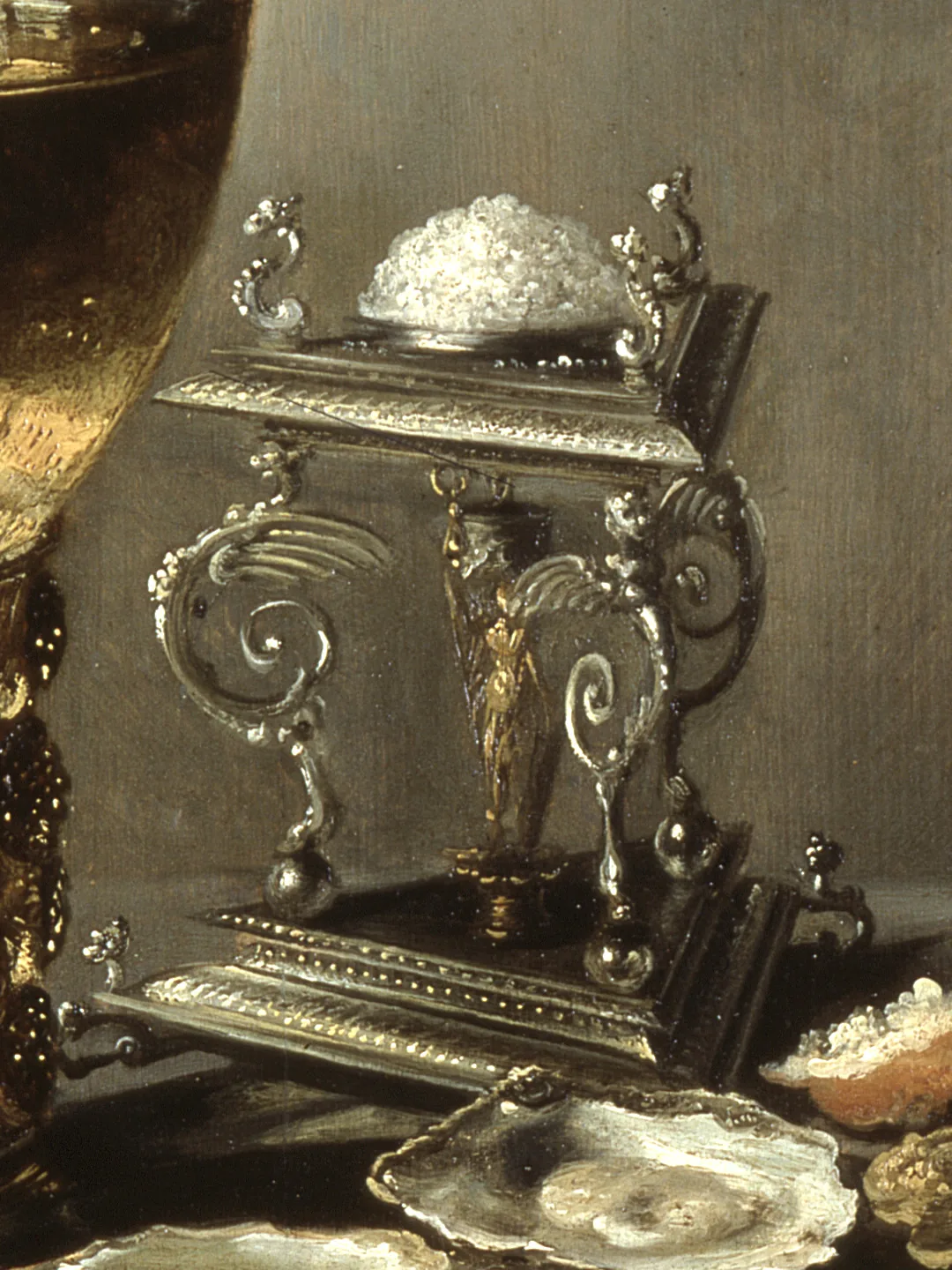Silver salt cellar with a heap of coarse salt, detail from a seventeenth-century still life